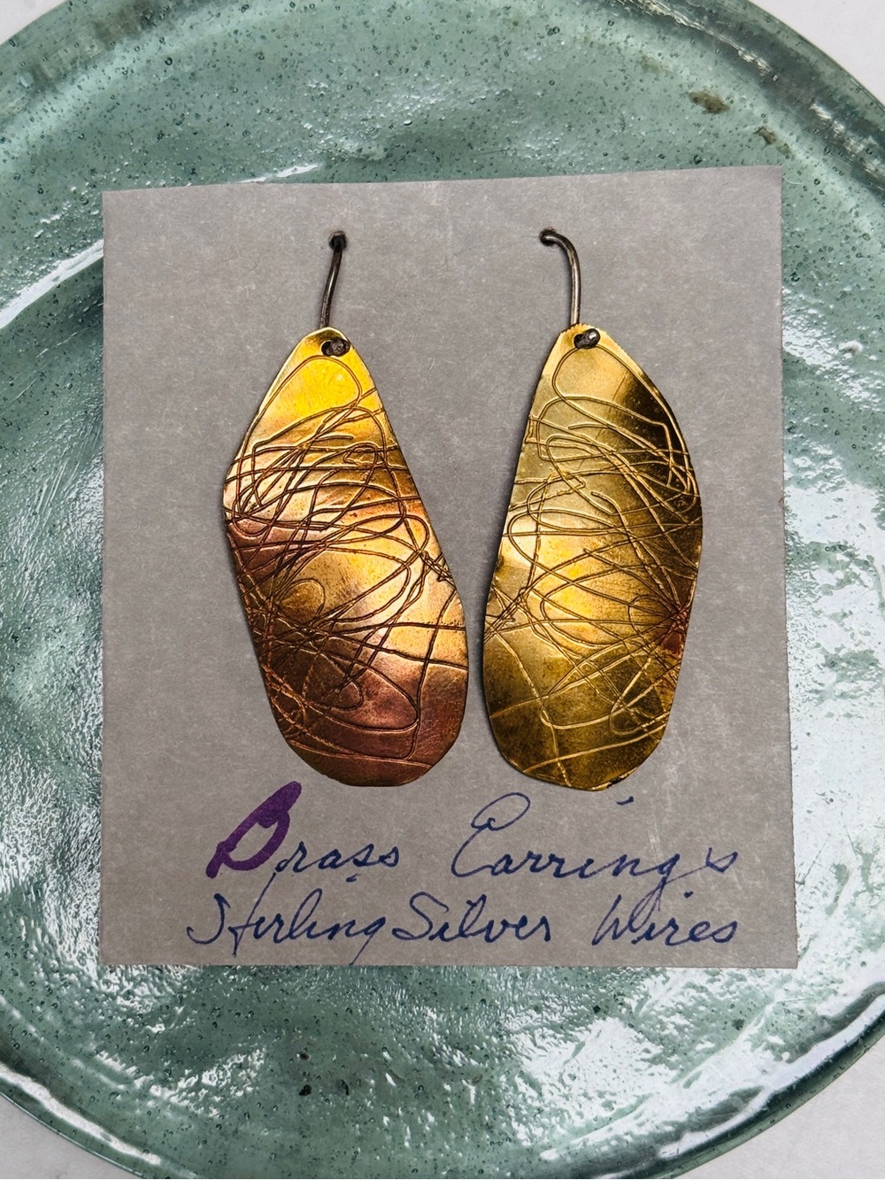 Earrings Brass Sterling Silver Drop Wires 1970s Wearable Art Boho Vintage NWT